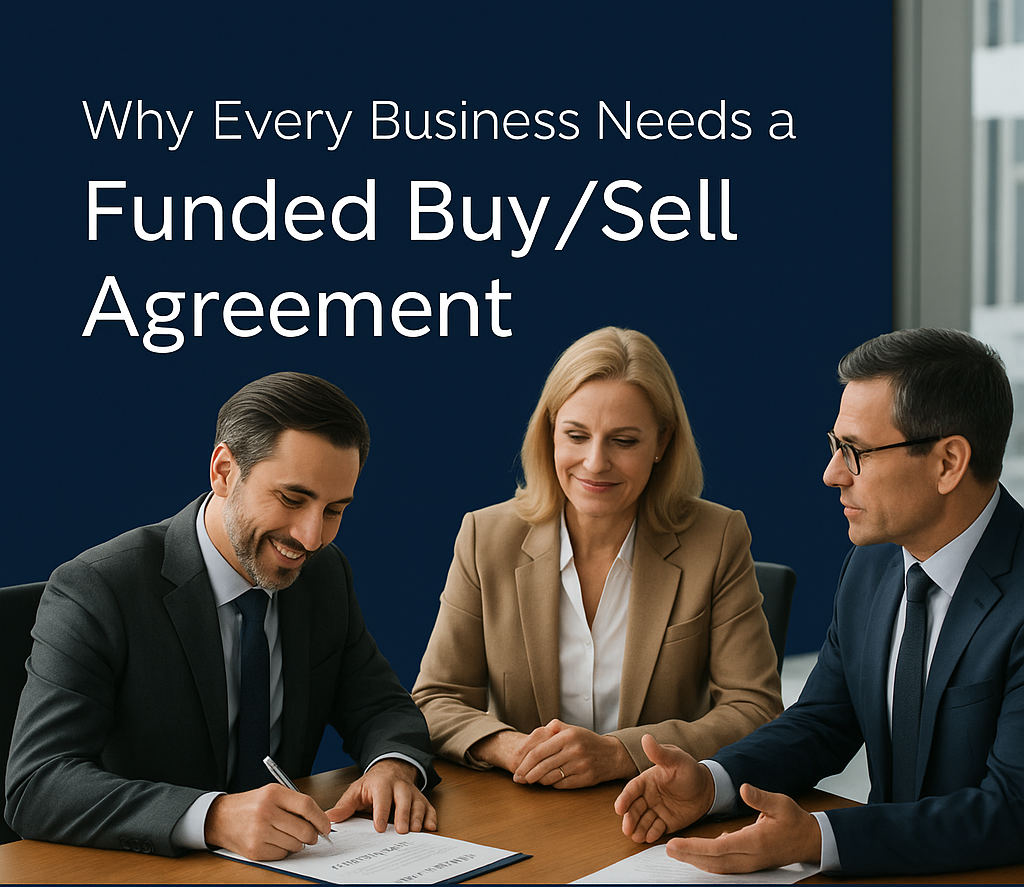 Business partners signing a funded buy/sell agreement with financial advisors, illustrating shareholder protection and business succession planning in Canada.