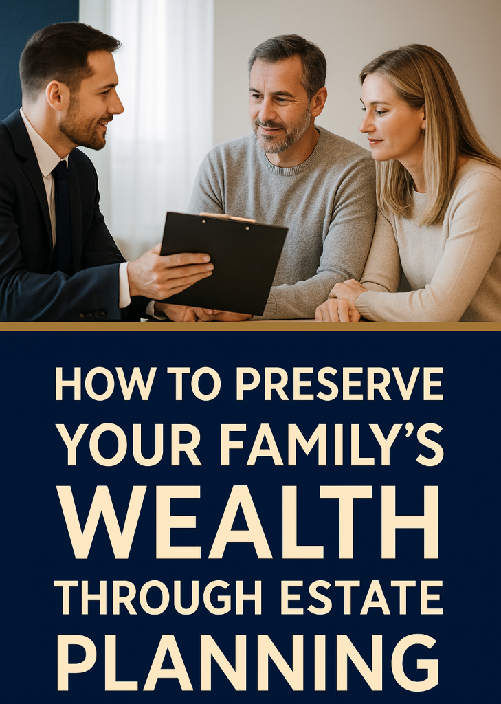 Financial advisor reviewing estate planning documents with a smiling family in a modern office, representing intergenerational wealth preservation in Canada.