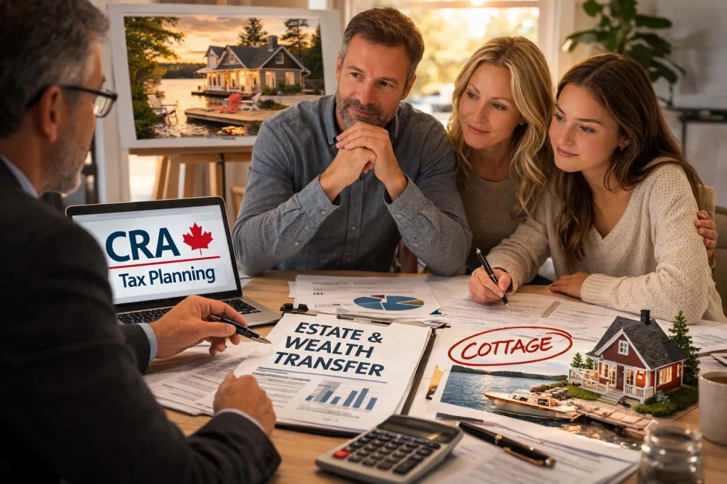 An advisor reviewing estate and wealth transfer documents with a family, including a cottage property