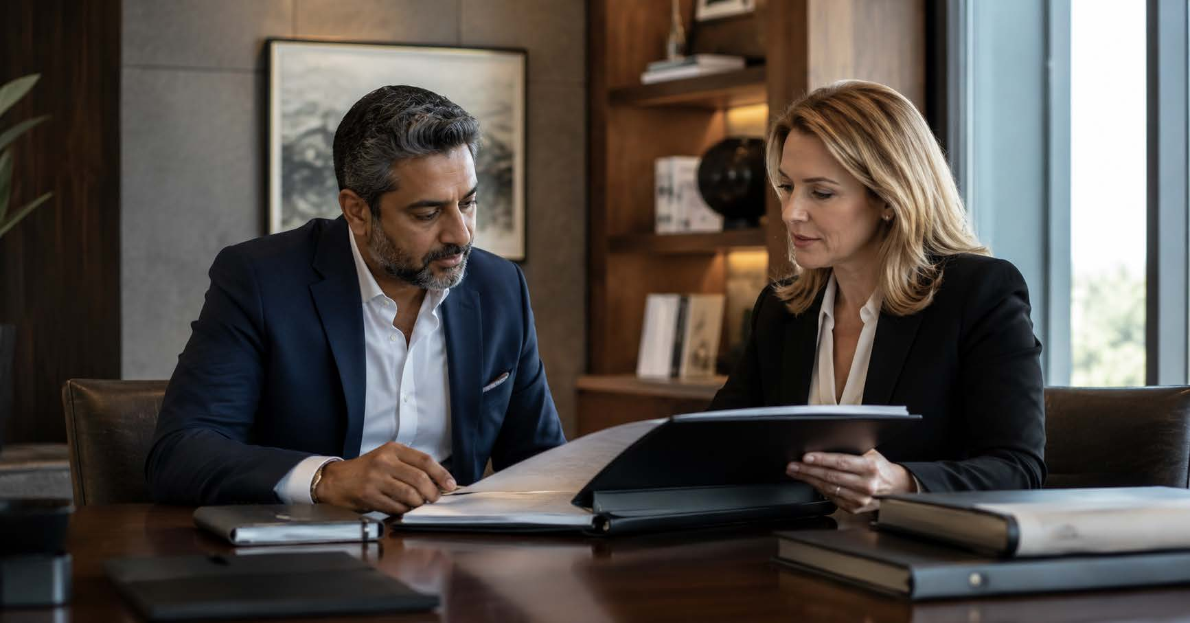 Ontario business owner and estate planning advisor reviewing will and corporate documents to protect family legacy