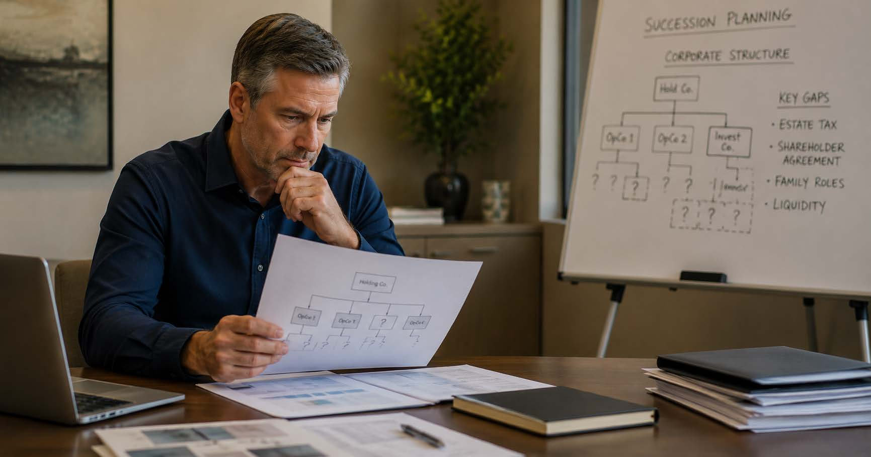 Ontario business owner reviewing corporate structure chart revealing gaps in succession and estate planning