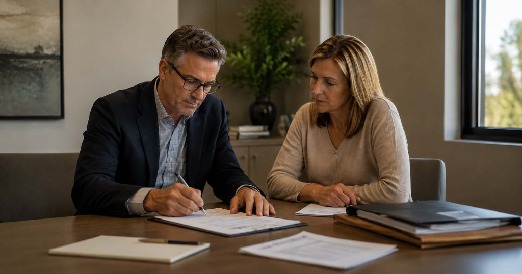 Ontario business owner signing estate freeze documents with advisor to lock in share value and reduce capital gains at death