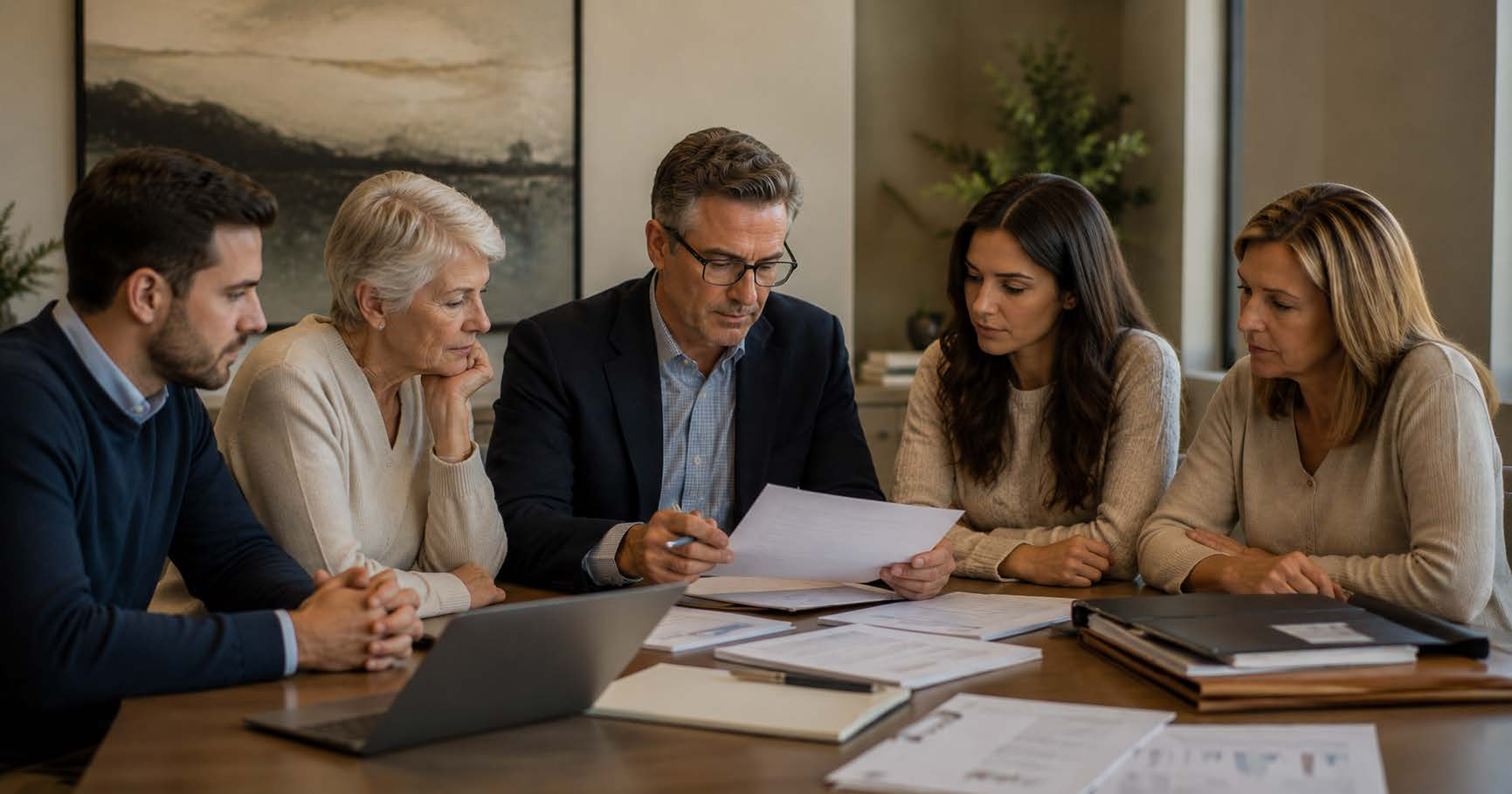 Multi-generational Ontario family business discussing succession plan and second-generation wealth transfer with advisor