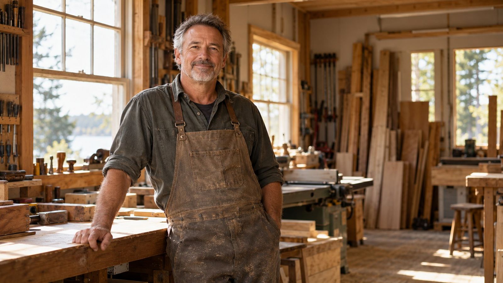Business owner standing at a workbench in a woodworking workshop