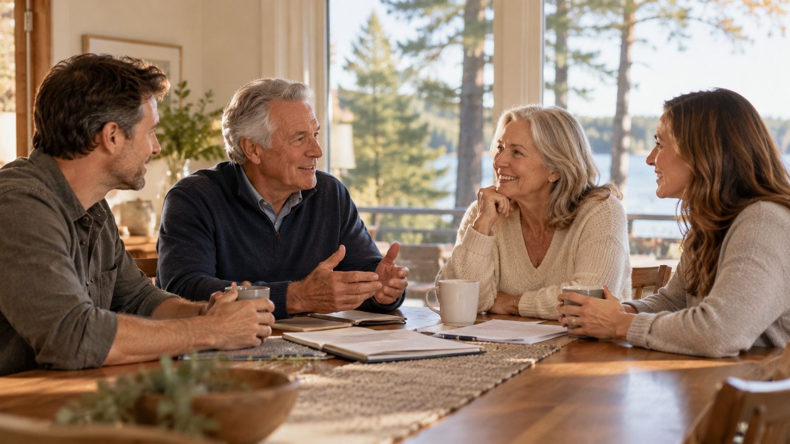 Aging parents and two adult children discussing estate planning at a family dining table